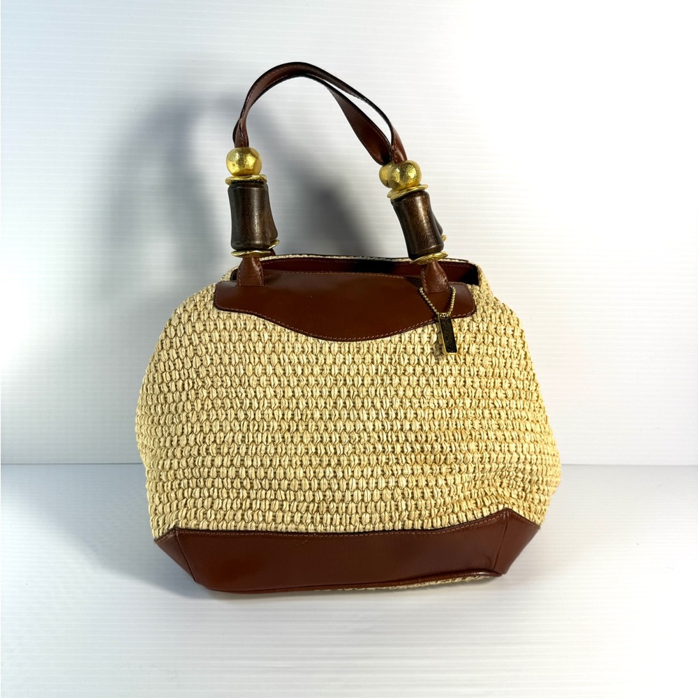 Carla Marchi Woven Raffia and Leather Handbag with wood  gold-tone hardware. - Picture 2 of 14